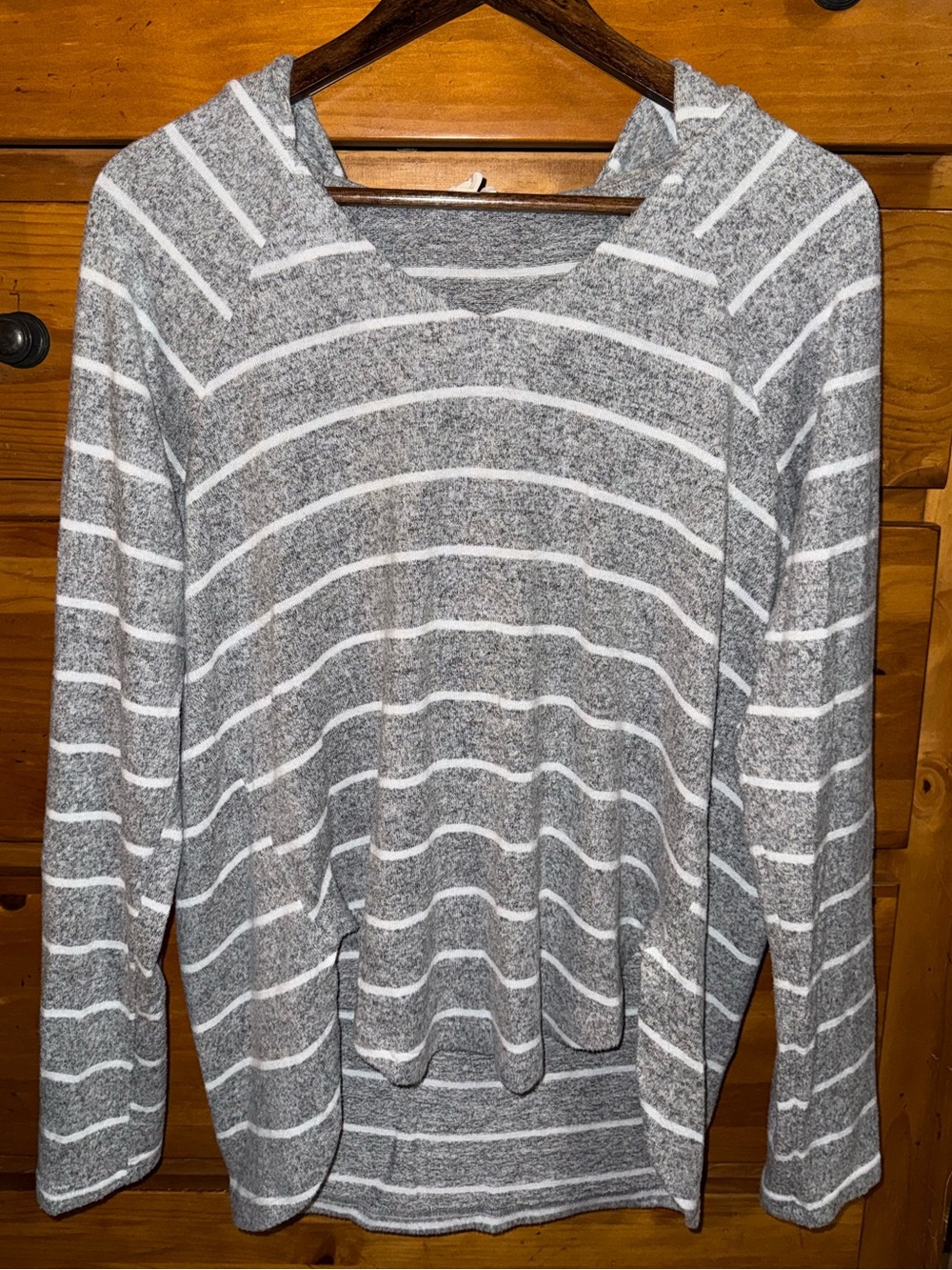 Hem & Thread Cozy Gray & White Striped Cowl-Neck Sweater